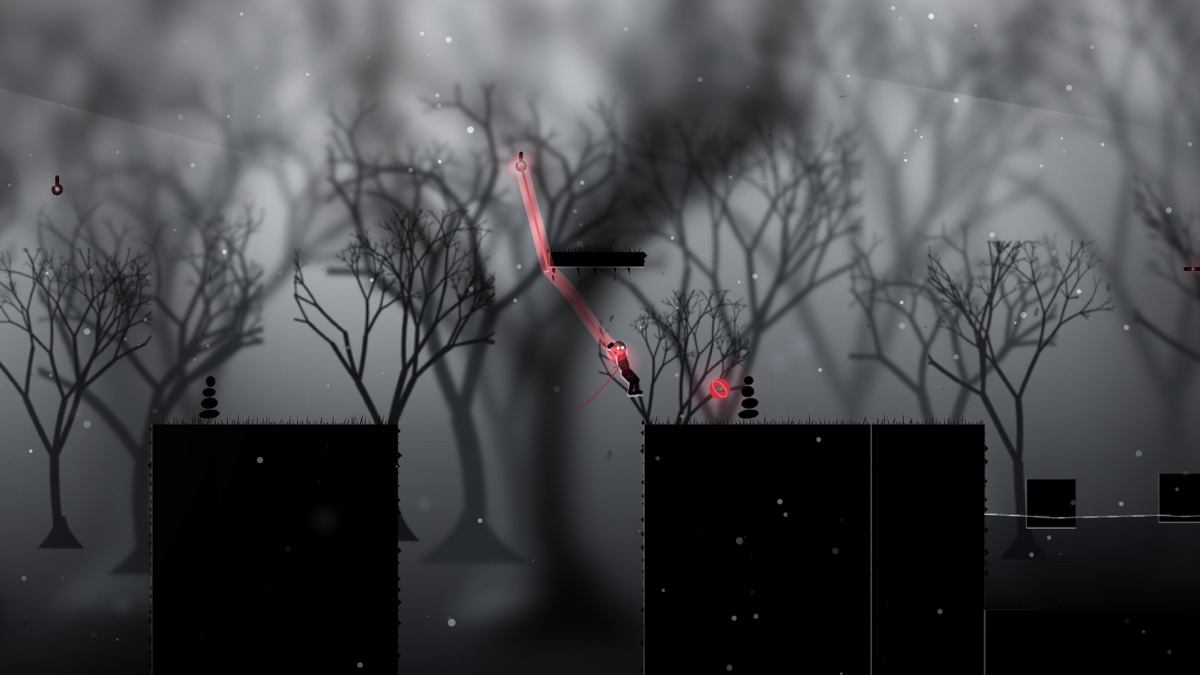 A moonlit silver forest crossed by a red thread