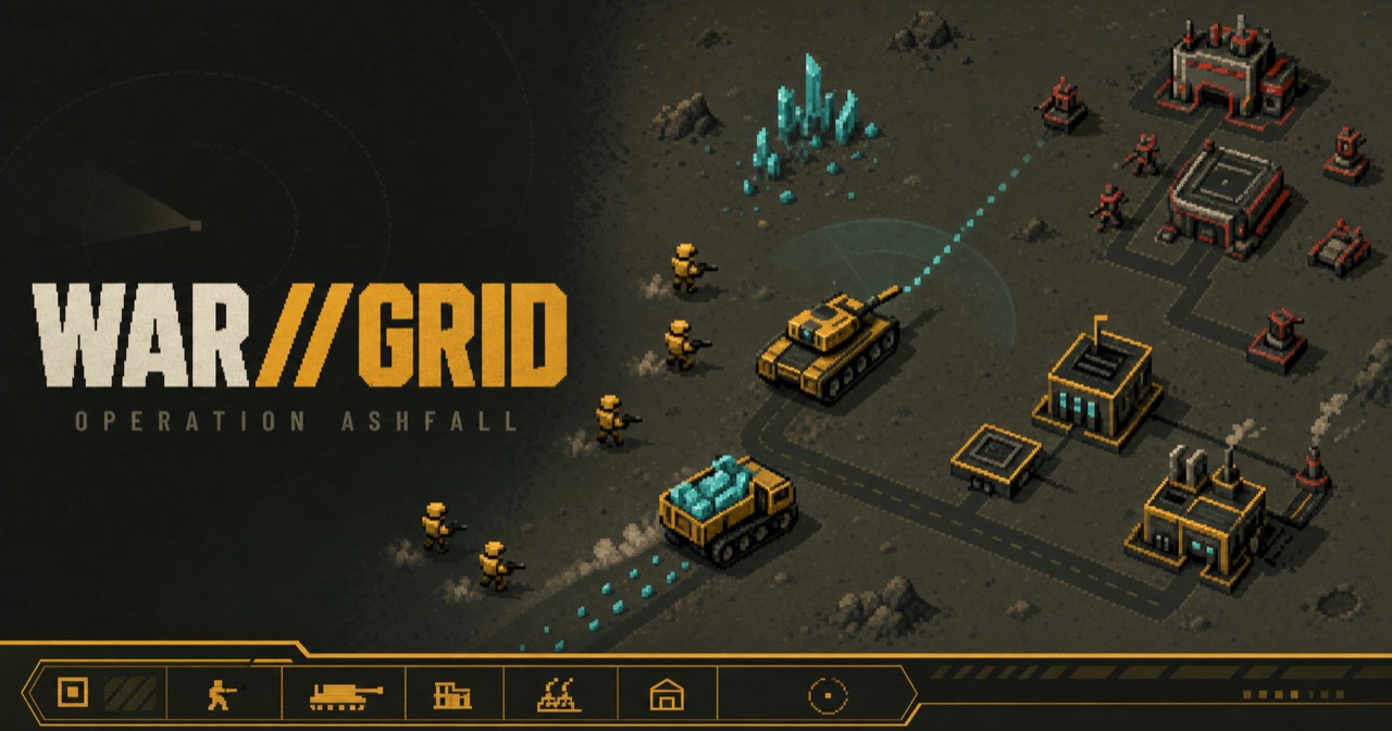 An isometric battlefield with armoured units and industrial structures